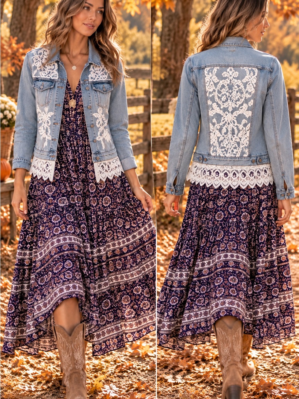 OOAK Upcycled Boho Style Denim Lace Jacket Size S